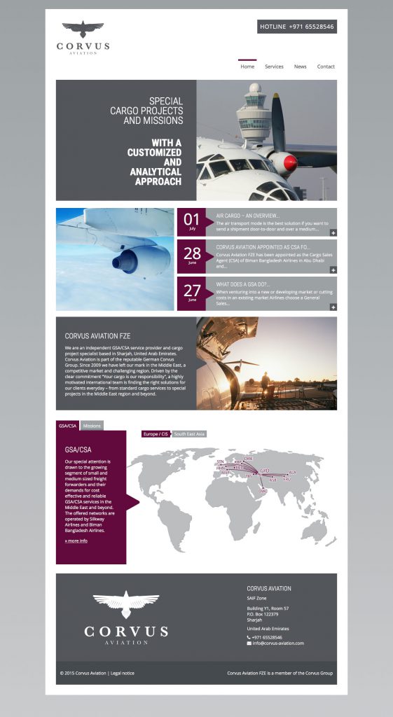 Screenshot Startseite Corvus Aviation